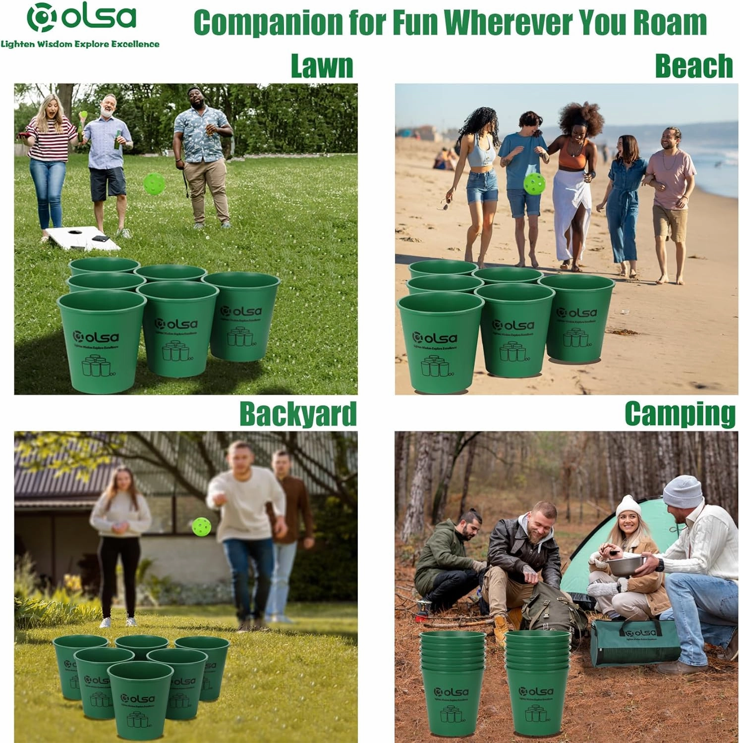 Olsa Giant Yard Pong Outdoor Games, Toss Family Games with 12 Buckets, Balls & Strength Carrying Bag for Beach Camping Lawn Backyard, Outdoor Games for Adults and Family (Green&Red)