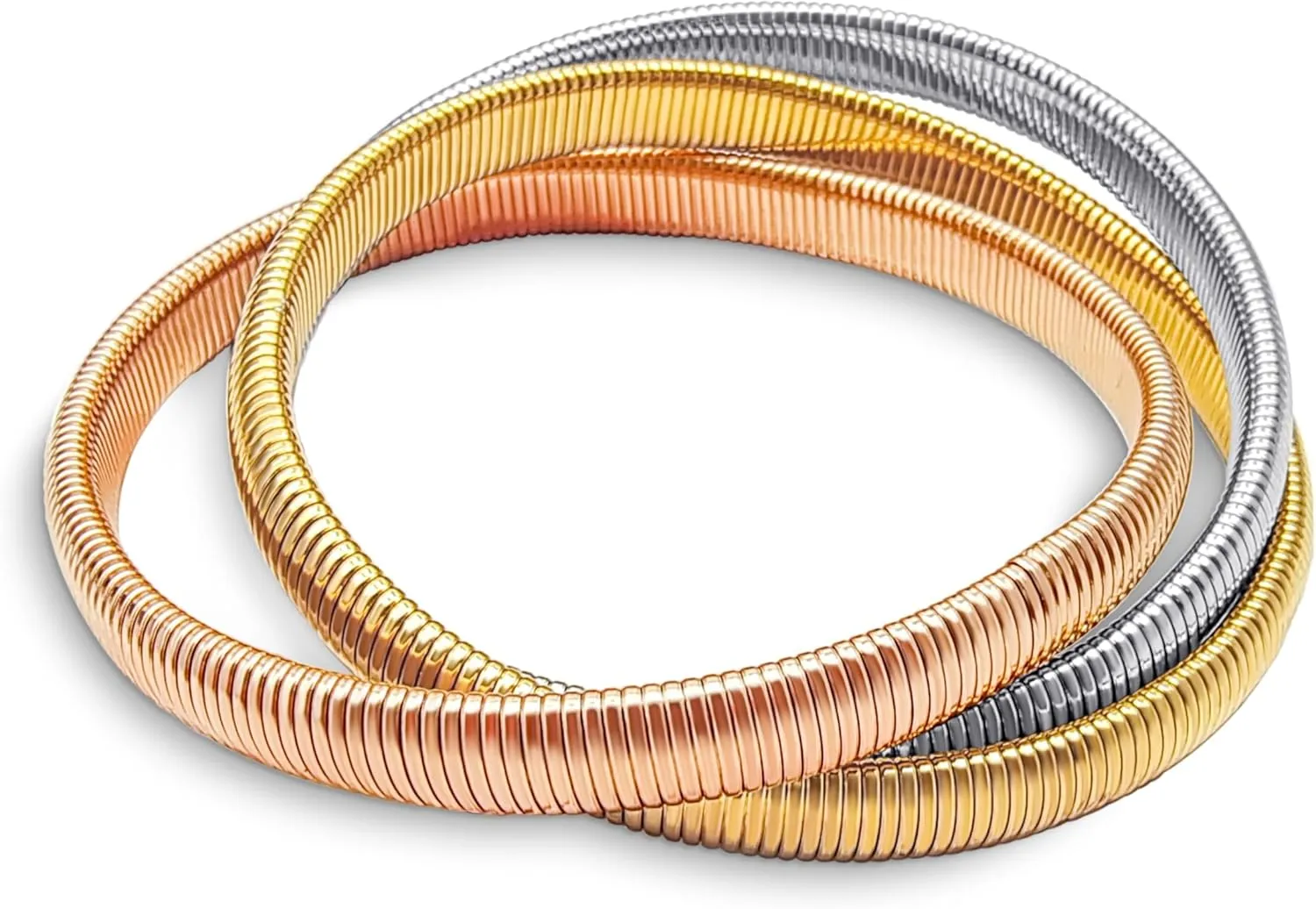 Omega Snake Cobra Wide Bangle Twisted Bracelet Bands Set Interlocking Flexible Stretch Bracelets for Women Silver Gunmetal Rose Yellow Gold Plated Stainless Steel Fits 8 to 8.5 inches Wrist
