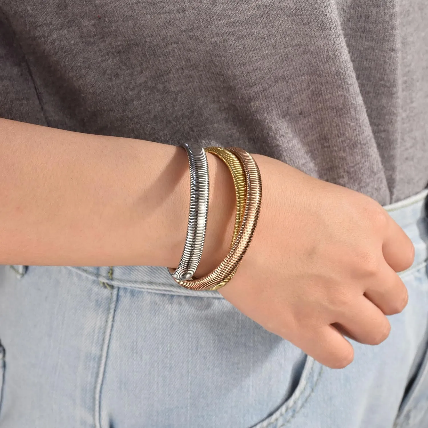 Omega Snake Cobra Wide Bangle Twisted Bracelet Bands Set Interlocking Flexible Stretch Bracelets for Women Silver Gunmetal Rose Yellow Gold Plated Stainless Steel Fits 8 to 8.5 inches Wrist