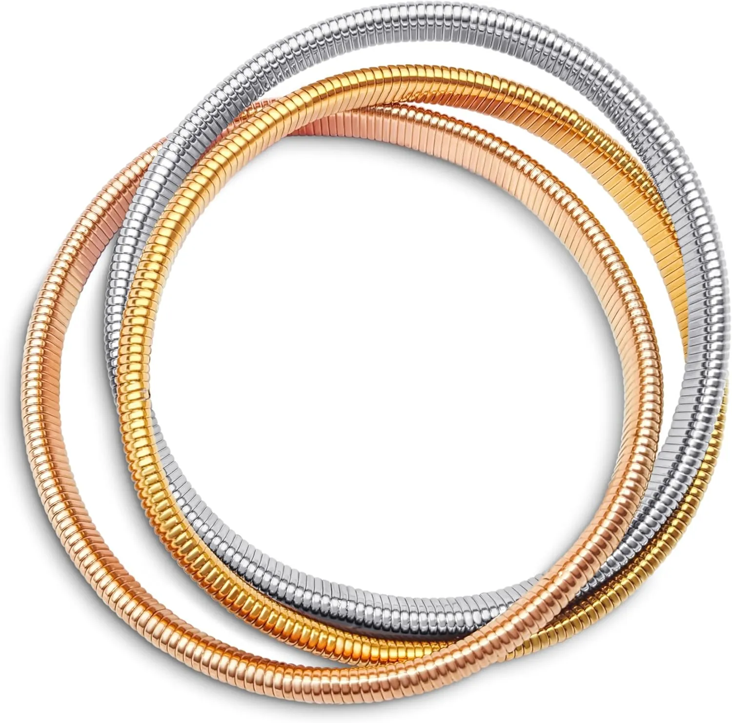Omega Snake Cobra Wide Bangle Twisted Bracelet Bands Set Interlocking Flexible Stretch Bracelets for Women Silver Gunmetal Rose Yellow Gold Plated Stainless Steel Fits 8 to 8.5 inches Wrist