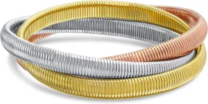 Omega Snake Cobra Wide Bangle Twisted Bracelet Bands Set Interlocking Flexible Stretch Bracelets for Women Silver Gunmetal Rose Yellow Gold Plated Stainless Steel Fits 8 to 8.5 inches Wrist