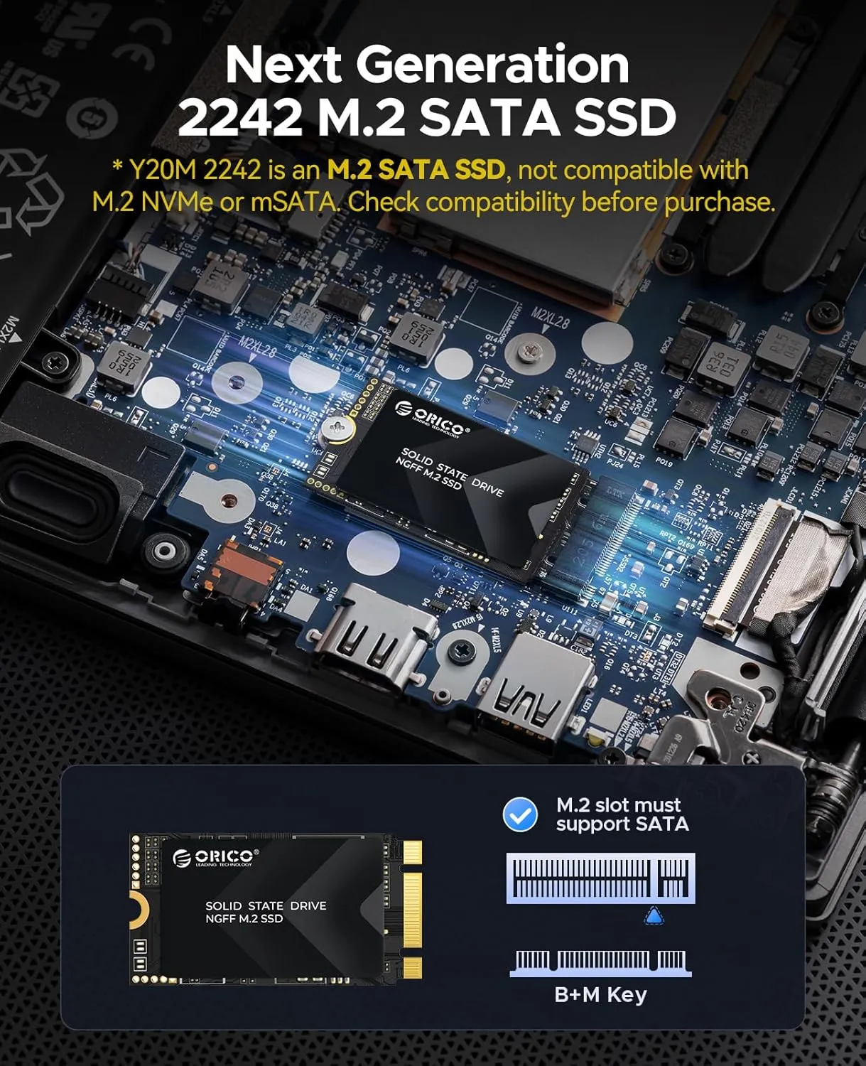 ORICO 1TB M.2 2242 SATA SSD, Compact Internal Solid State Drive with TLC NAND Flash, Up to 530MB/s Read & 500MB/s Write Speeds, Compatible with Ultra-Thin Laptops, and Mini PCs - Y20M-2242