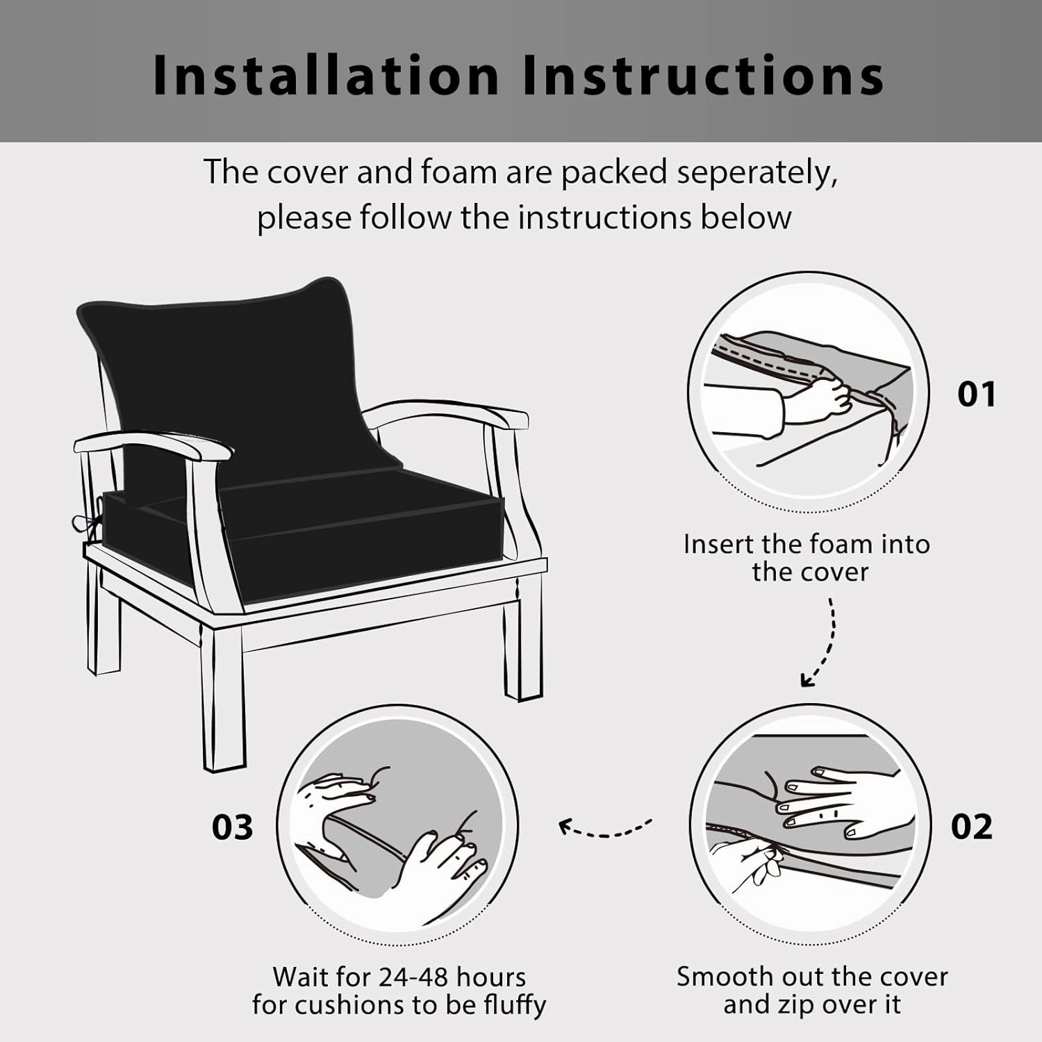 Outdoor Chair Cushions 24x24, Patio Furniture Cushions with Removable Cover, Outdoor Deep Seat Cushion Set with Ties and Handle, Waterproof Outdoor Cushions for Chair Sofa Couch, Black