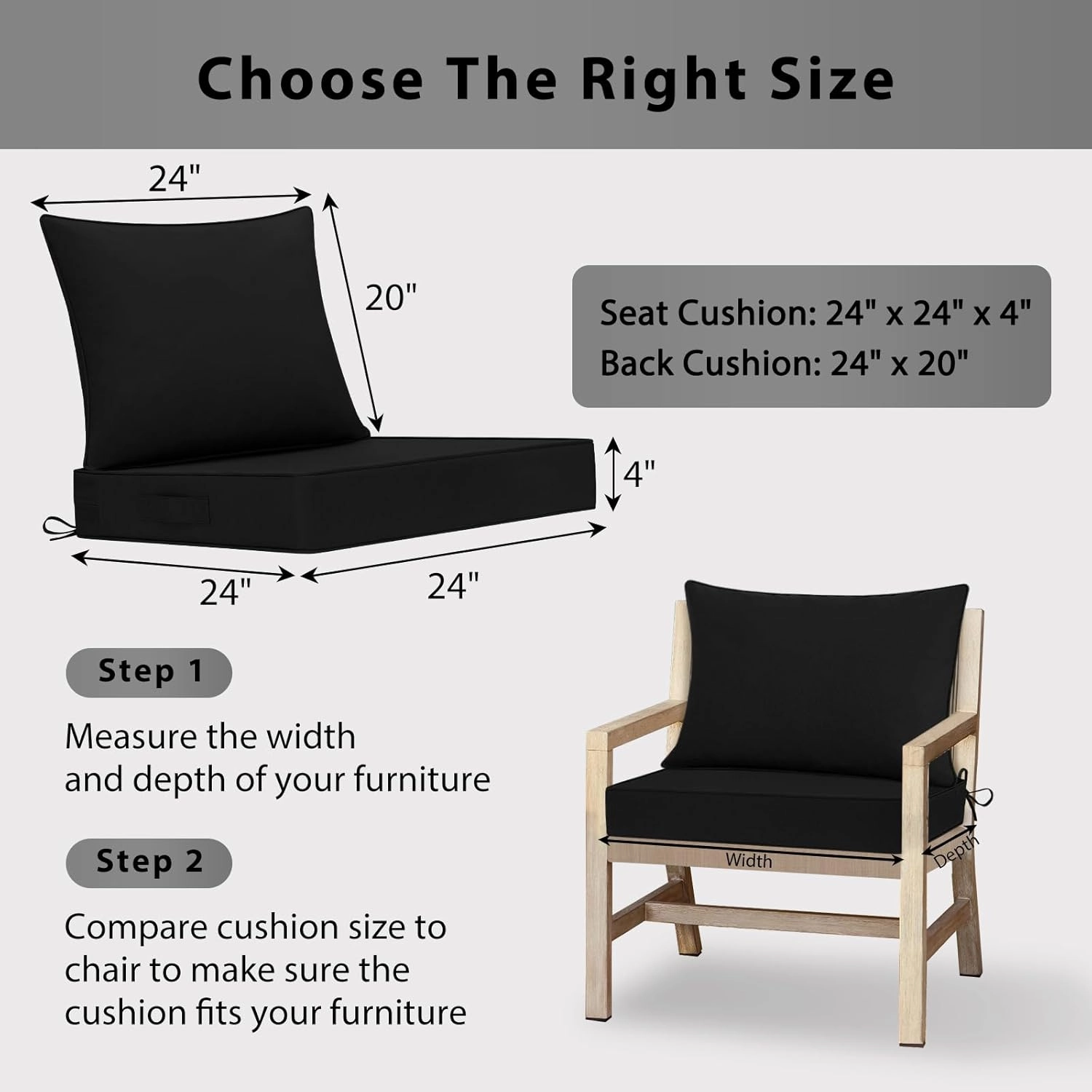 Outdoor Chair Cushions 24x24, Patio Furniture Cushions with Removable Cover, Outdoor Deep Seat Cushion Set with Ties and Handle, Waterproof Outdoor Cushions for Chair Sofa Couch, Black
