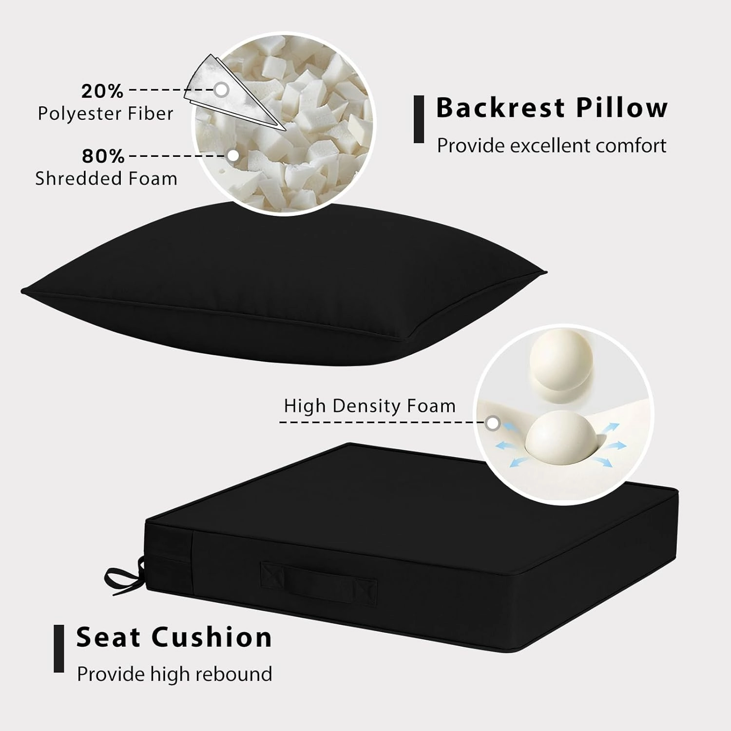 Outdoor Chair Cushions 24x24, Patio Furniture Cushions with Removable Cover, Outdoor Deep Seat Cushion Set with Ties and Handle, Waterproof Outdoor Cushions for Chair Sofa Couch, Black