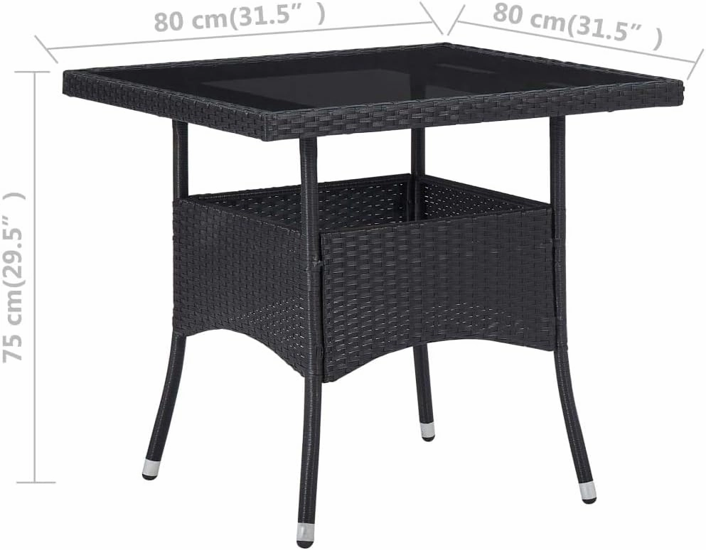 Outdoor Table Black PE Rattan Dining Tables with Tempered Glass Top - Furniture for Balcony, Picnic, Camping, Dining, Kitchen & Console - 80x80x75cm