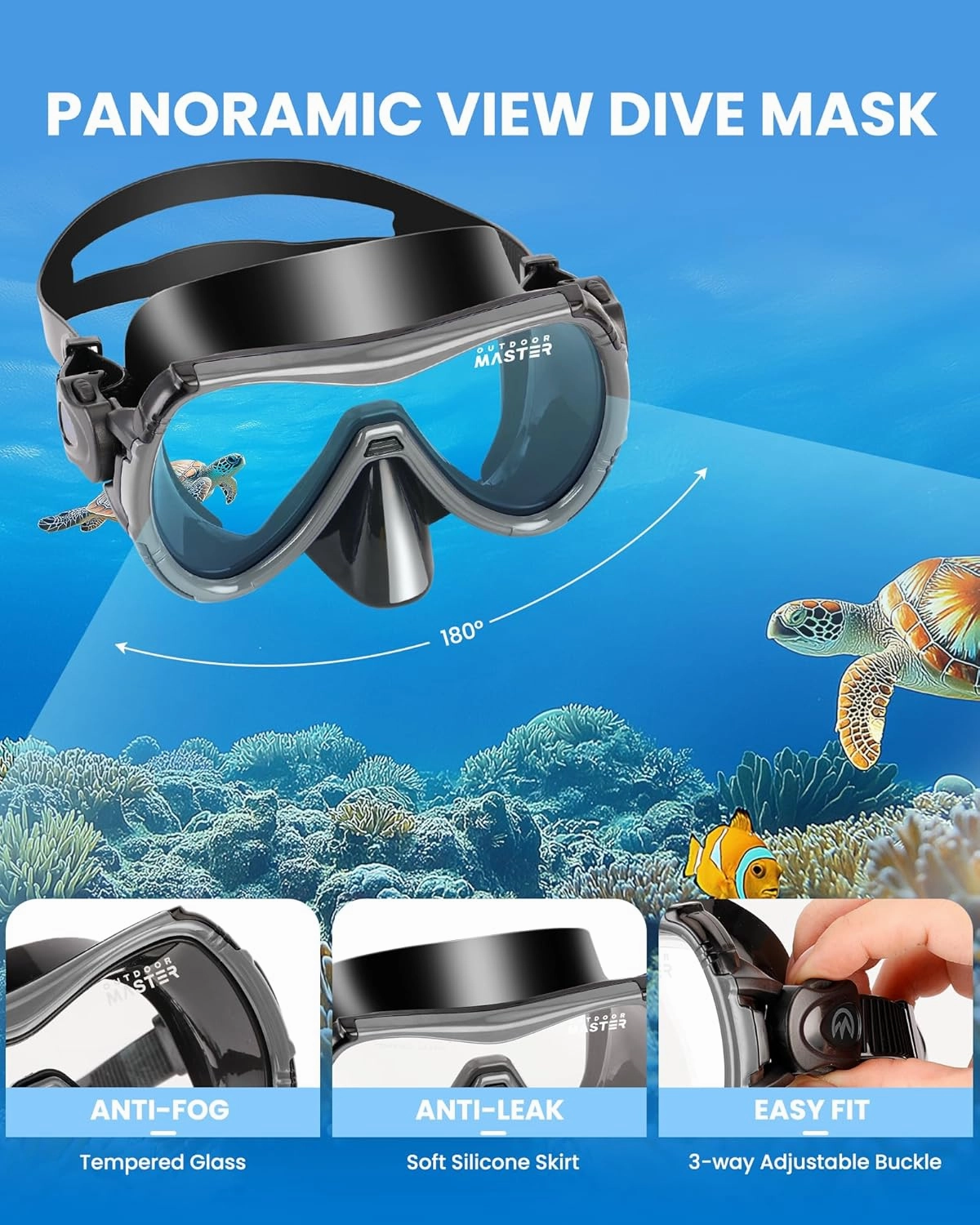 OutdoorMaster Mobula Snorkeling Gear for Adults, Diving Mask and Snorkel Set with Tempered Glass Anti-Fog, TOP Dry Snorkel for Diving Snorkeling Swimming