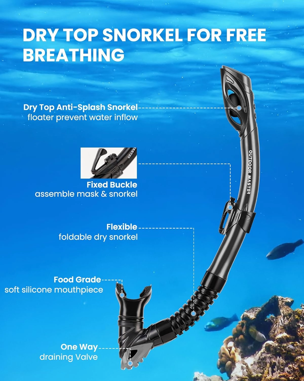 OutdoorMaster Mobula Snorkeling Gear for Adults, Diving Mask and Snorkel Set with Tempered Glass Anti-Fog, TOP Dry Snorkel for Diving Snorkeling Swimming