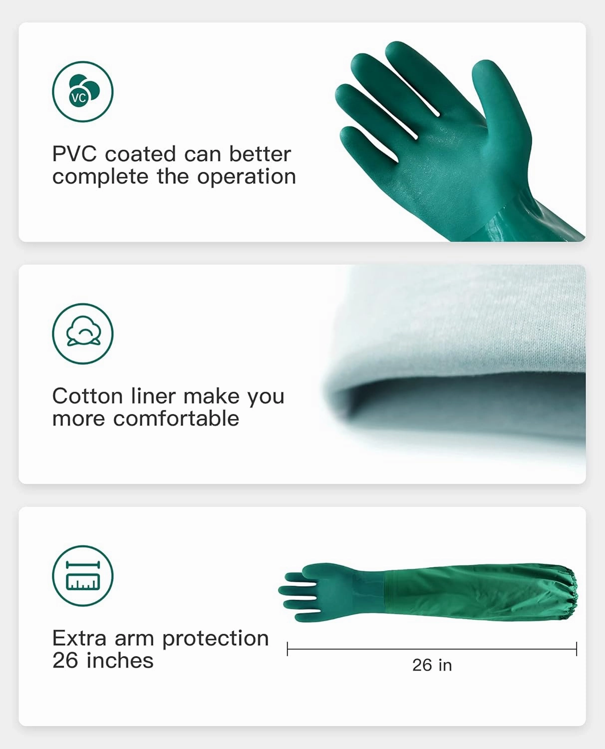 PACIFIC 26" Rubber Gloves, Chemical Resistant Gloves PVC Reusable, Heavy Duty Waterproof Gloves with Cotton Liner, Anti-skid, Acid-alkali and Oil, Large