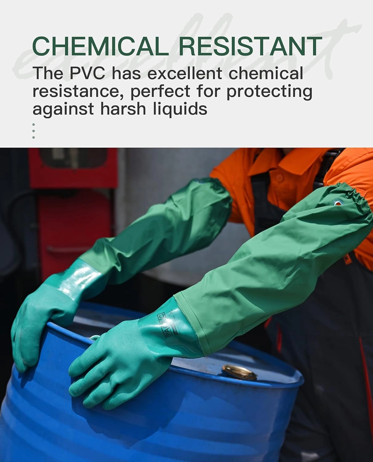 PACIFIC 26" Rubber Gloves, Chemical Resistant Gloves PVC Reusable, Heavy Duty Waterproof Gloves with Cotton Liner, Anti-skid, Acid-alkali and Oil, Large