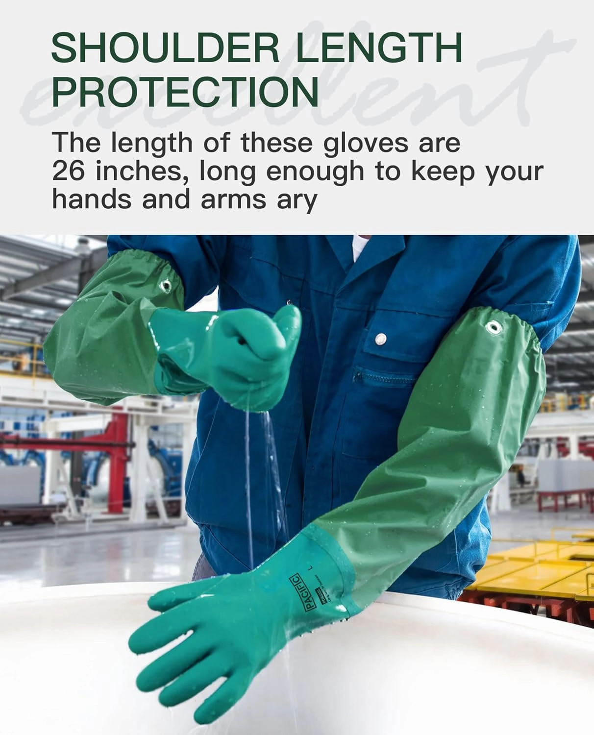 PACIFIC 26" Rubber Gloves, Chemical Resistant Gloves PVC Reusable, Heavy Duty Waterproof Gloves with Cotton Liner, Anti-skid, Acid-alkali and Oil, Large