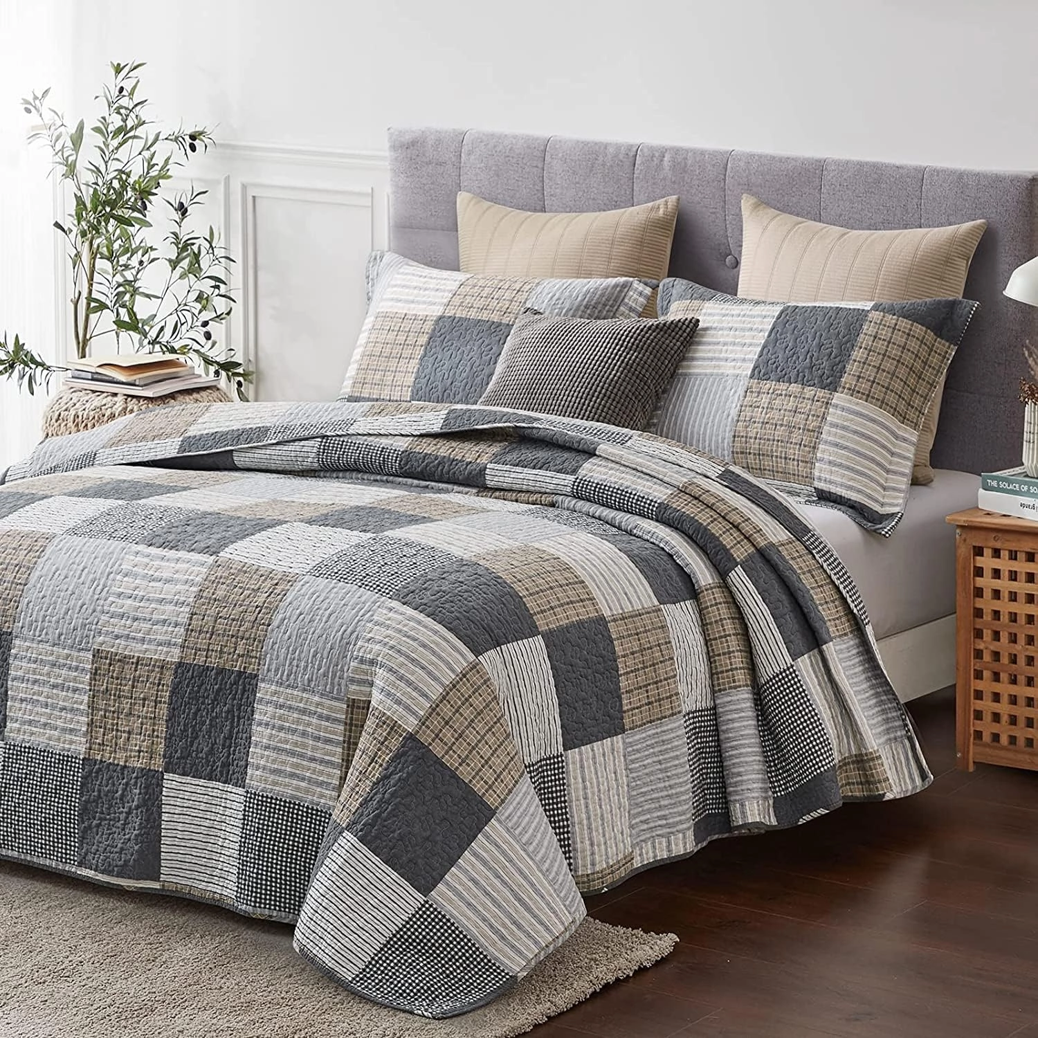PANGUSHAN Twin Size Quilt Set,100% Cotton Quilt,Patchwork Plaid Quilt Bedding Set Bedspreads,Gray(Grey)/Black/Tan/White/Cream Quilt for Twin Bed,Reversible Lightweight Comforter Bed Set,2 Pieces