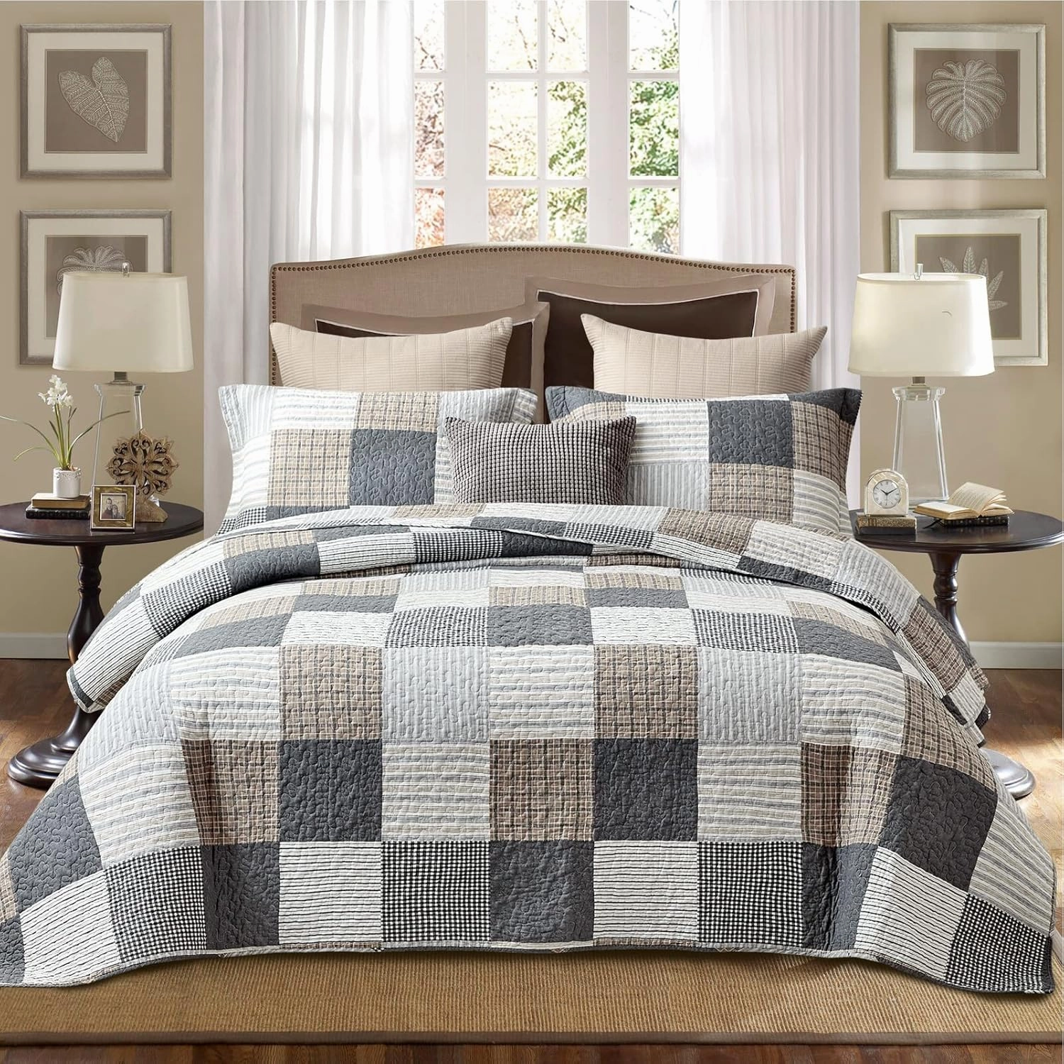 PANGUSHAN Twin Size Quilt Set,100% Cotton Quilt,Patchwork Plaid Quilt Bedding Set Bedspreads,Gray(Grey)/Black/Tan/White/Cream Quilt for Twin Bed,Reversible Lightweight Comforter Bed Set,2 Pieces