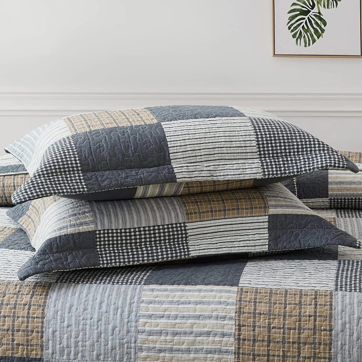 PANGUSHAN Twin Size Quilt Set,100% Cotton Quilt,Patchwork Plaid Quilt Bedding Set Bedspreads,Gray(Grey)/Black/Tan/White/Cream Quilt for Twin Bed,Reversible Lightweight Comforter Bed Set,2 Pieces