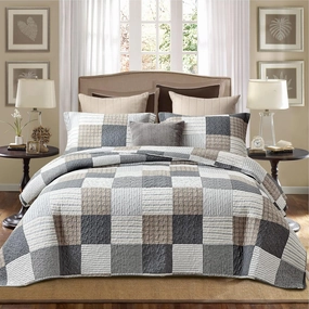 PANGUSHAN Twin Size Quilt Set,100% Cotton Quilt,Patchwork Plaid Quilt Bedding Set Bedspreads,Gray(Grey)/Black/Tan/White/Cream Quilt for Twin Bed,Reversible Lightweight Comforter Bed Set,2 Pieces