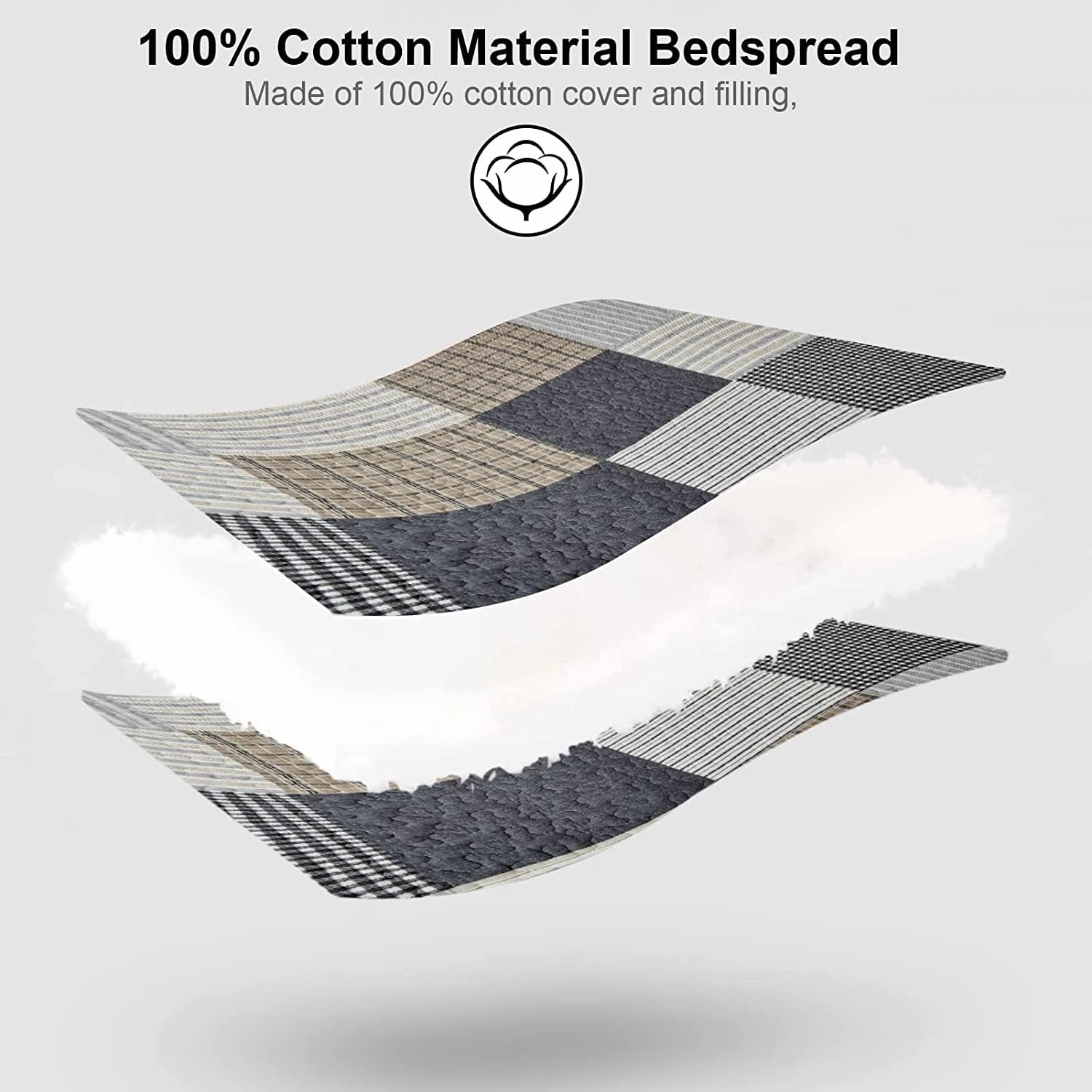 PANGUSHAN Twin Size Quilt Set,100% Cotton Quilt,Patchwork Plaid Quilt Bedding Set Bedspreads,Gray(Grey)/Black/Tan/White/Cream Quilt for Twin Bed,Reversible Lightweight Comforter Bed Set,2 Pieces