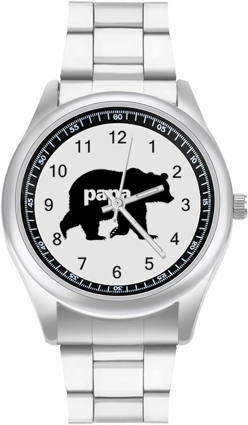 Papa Bear Watches Stainless Steel Band Wristwatch Business Dress Watch for Work Home
