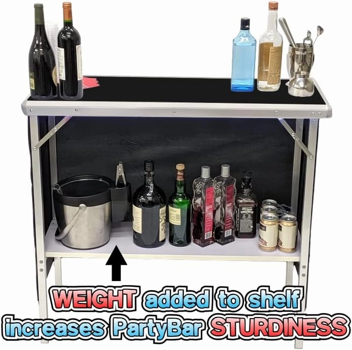 PARTYPONG Black Folding Portable Party Bar with Black Skirt, Storage Shelf, and Carrying Bag - Single Set