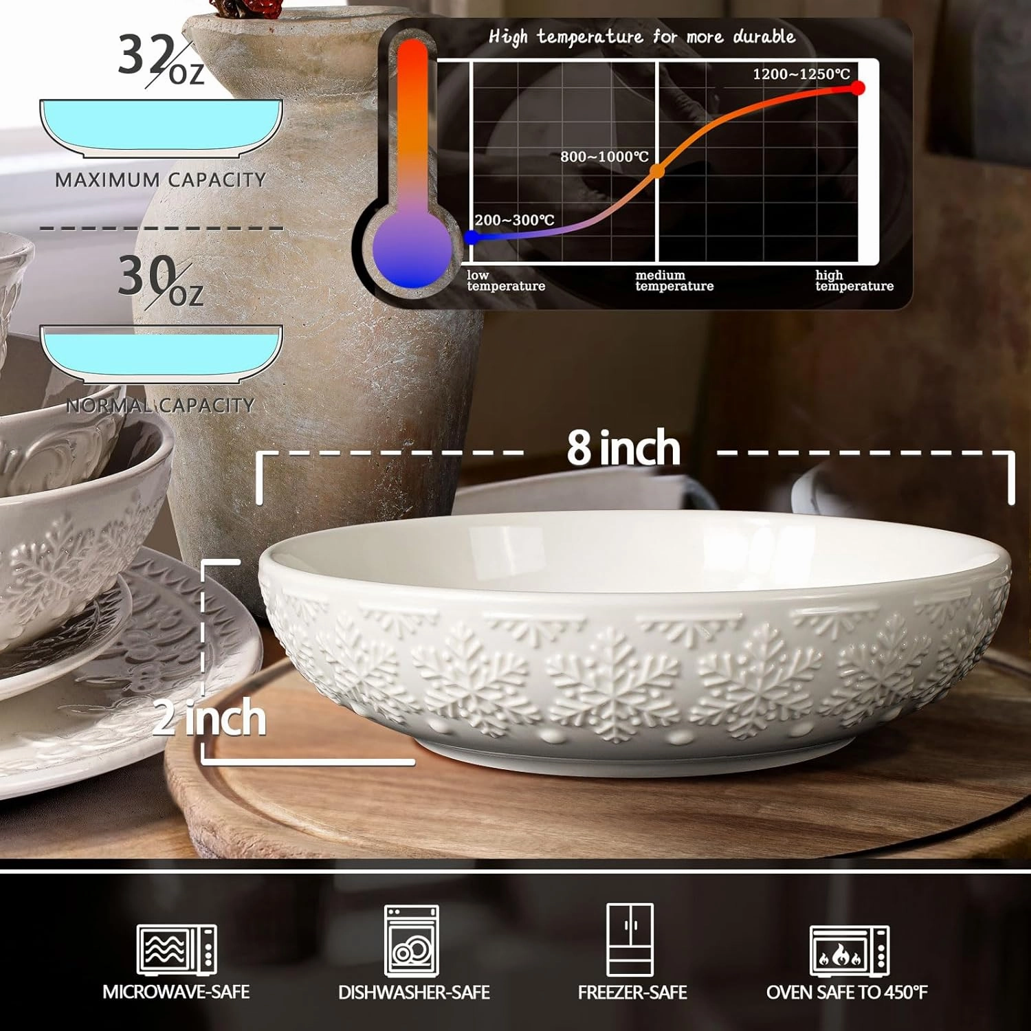 Pasta Bowls, 32oz Salad Bowls Set of 4, White Ceramic Soup Bowls 8 Inch Embossment Large Serving Bowl Wide and Shallow Bowls for Kitchen, Microwave & Dishwasher Safe (Multiple Patterns)