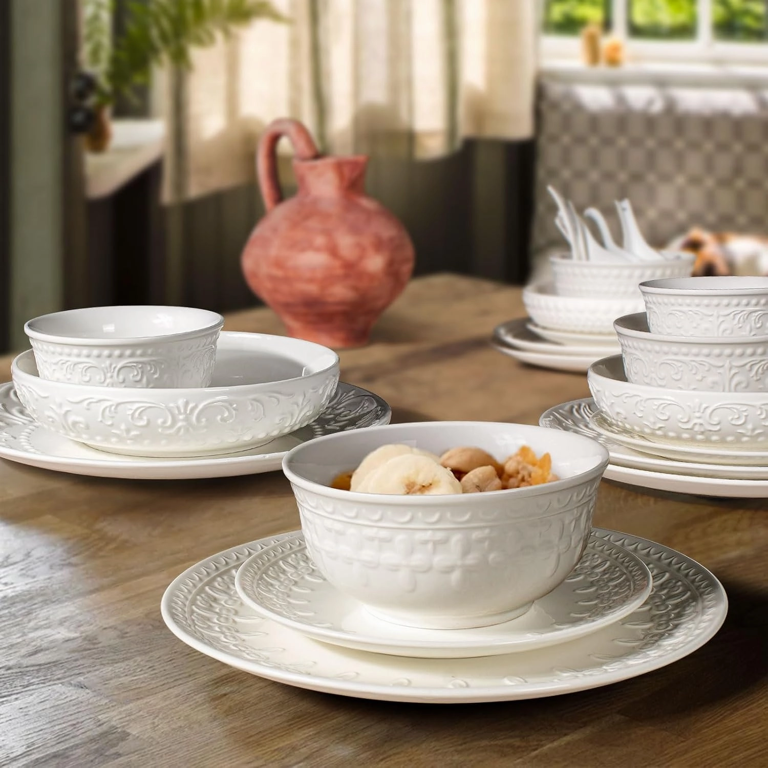 Pasta Bowls, 32oz Salad Bowls Set of 4, White Ceramic Soup Bowls 8 Inch Embossment Large Serving Bowl Wide and Shallow Bowls for Kitchen, Microwave & Dishwasher Safe (Multiple Patterns)