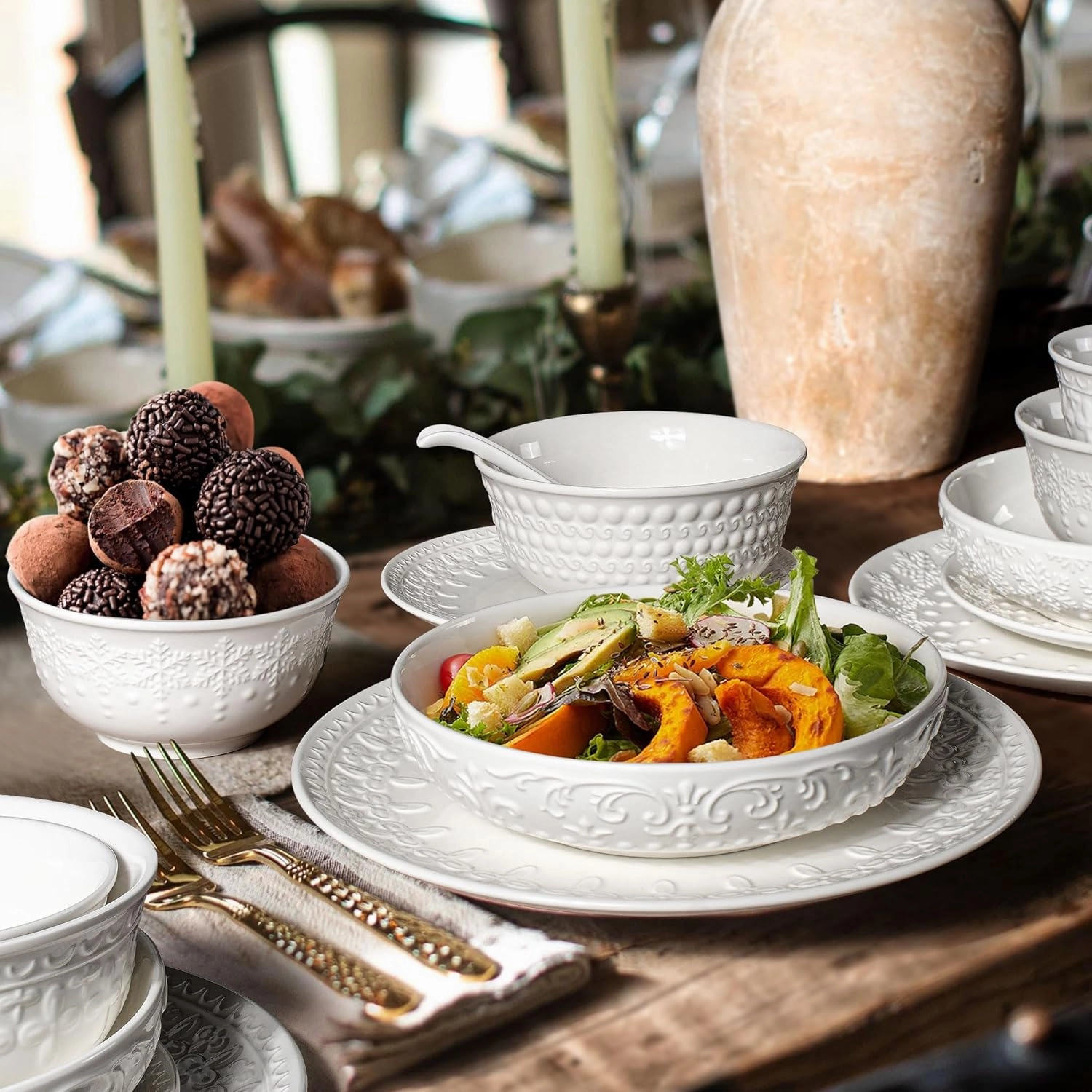 Pasta Bowls, 32oz Salad Bowls Set of 4, White Ceramic Soup Bowls 8 Inch Embossment Large Serving Bowl Wide and Shallow Bowls for Kitchen, Microwave & Dishwasher Safe (Multiple Patterns)