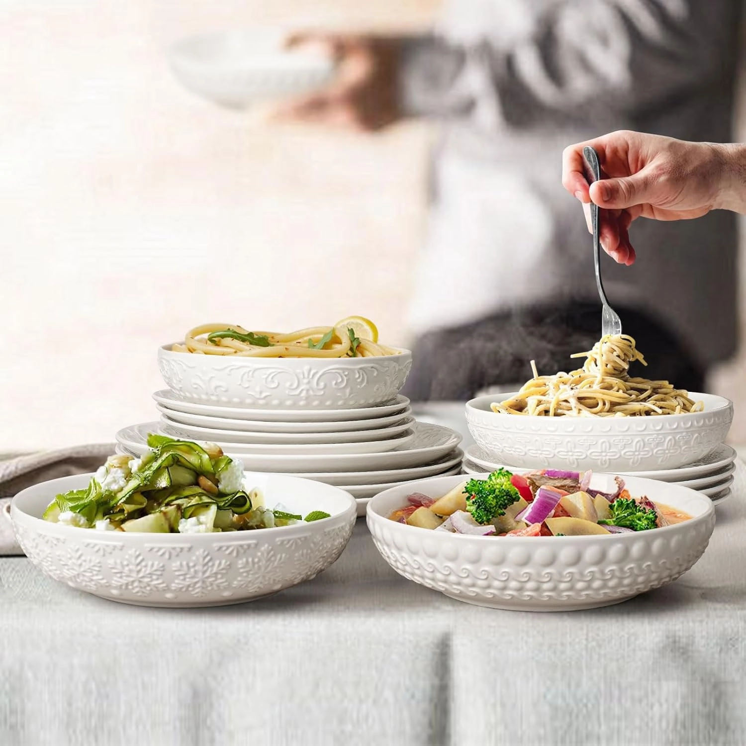 Pasta Bowls, 32oz Salad Bowls Set of 4, White Ceramic Soup Bowls 8 Inch Embossment Large Serving Bowl Wide and Shallow Bowls for Kitchen, Microwave & Dishwasher Safe (Multiple Patterns)