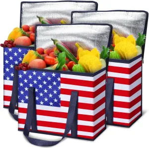 Paterr 3 Pack 4th of July Insulated Reusable Grocery Bags Red White Blue American Flag Foldable Large Tote Cooler Bags with Hard Bottom and Handles Stands Upright Washable for Food Delivery Picnic