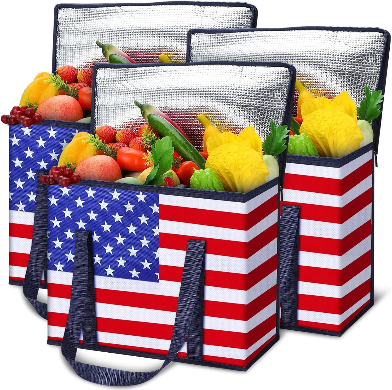 Paterr 3 Pack 4th of July Insulated Reusable Grocery Bags Red White Blue American Flag Foldable Large Tote Cooler Bags with Hard Bottom and Handles Stands Upright Washable for Food Delivery Picnic