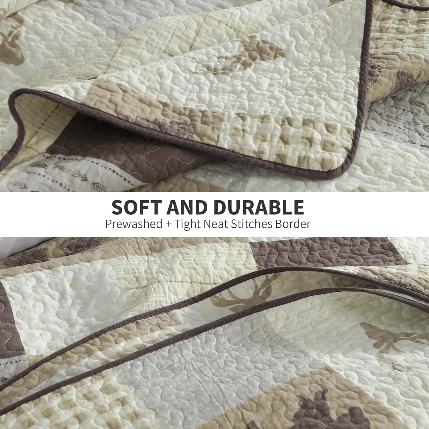 PERHOM Quilt King Size - 100% Cotton Lightweight Cabin Plaid King Quilt Bedding Set, Brown Forest Tree Bear Deer Patchwork Reversible Bedspread/Comforter Set with 2 Pillow Shams, 3PCS
