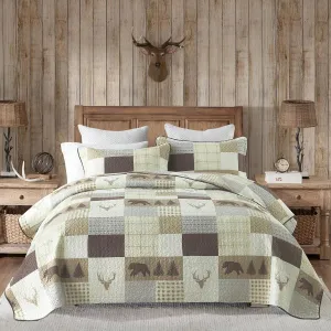 PERHOM Quilt King Size - 100% Cotton Lightweight Cabin Plaid King Quilt Bedding Set, Brown Forest Tree Bear Deer Patchwork Reversible Bedspread/Comforter Set with 2 Pillow Shams, 3PCS