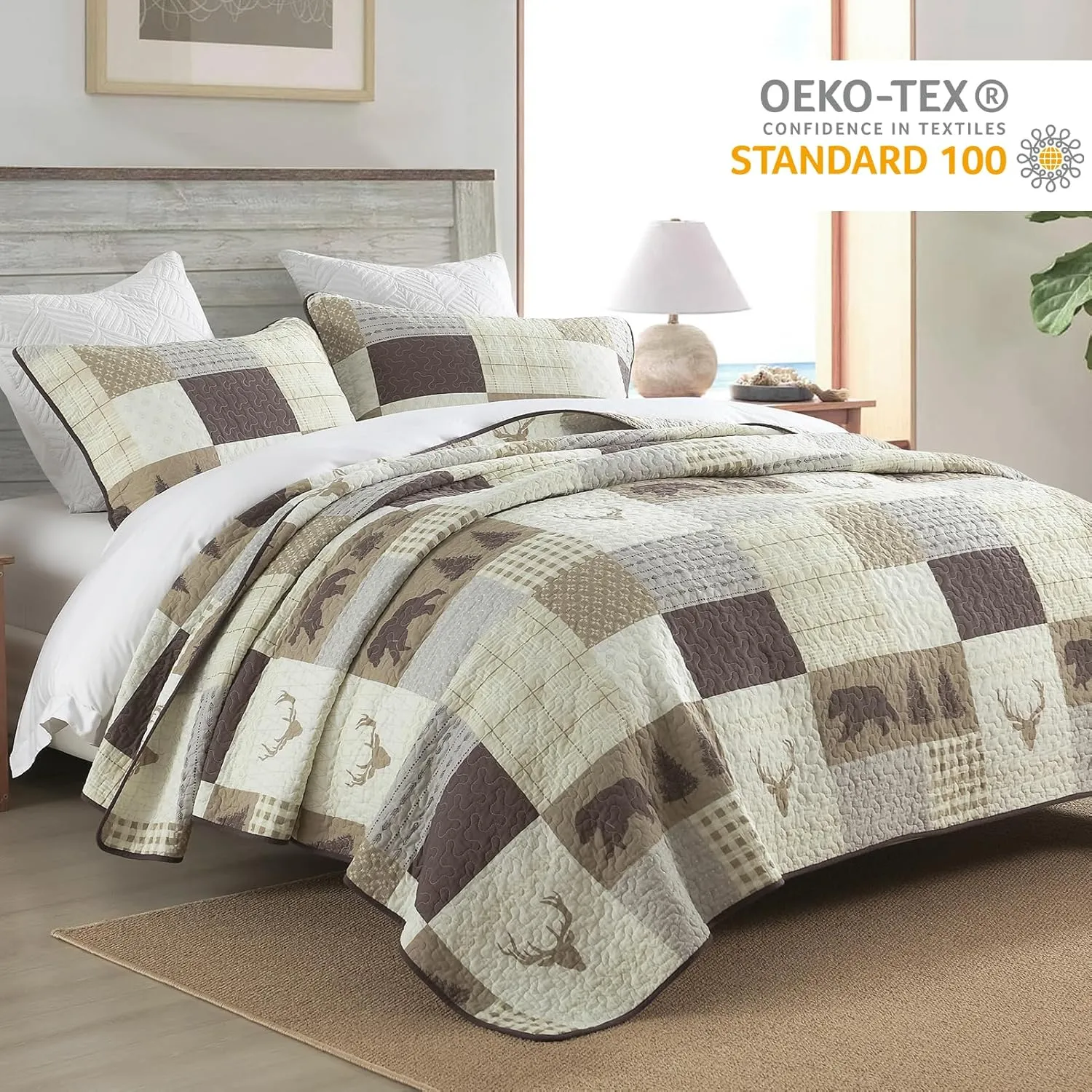 PERHOM Quilt Queen Size - 100% Cotton Lightweight Cabin Plaid Queen Quilt Bedding Set, Brown Forest Tree Bear Deer Patchwork Reversible Bedspread/Comforter Set with 2 Pillow Shams, 3PCS