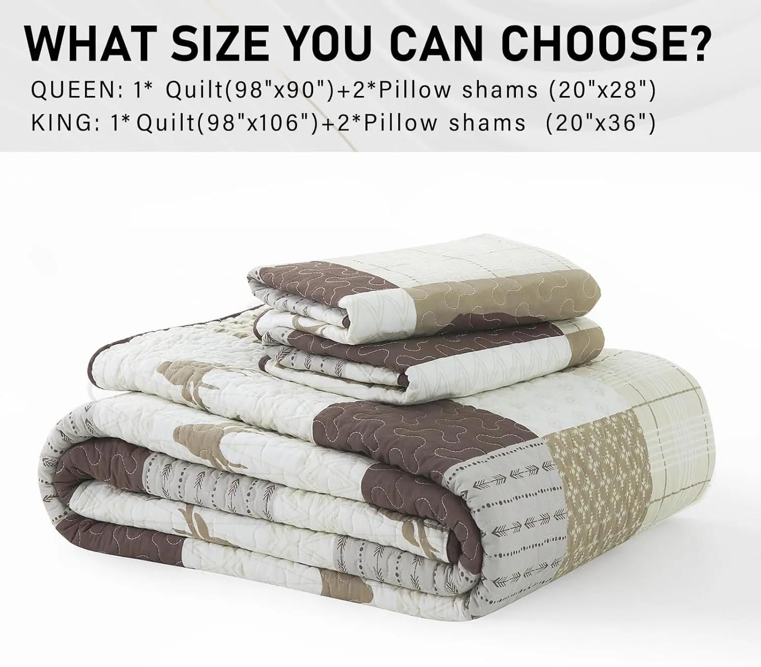 PERHOM Quilt Queen Size - 100% Cotton Lightweight Cabin Plaid Queen Quilt Bedding Set, Brown Forest Tree Bear Deer Patchwork Reversible Bedspread/Comforter Set with 2 Pillow Shams, 3PCS