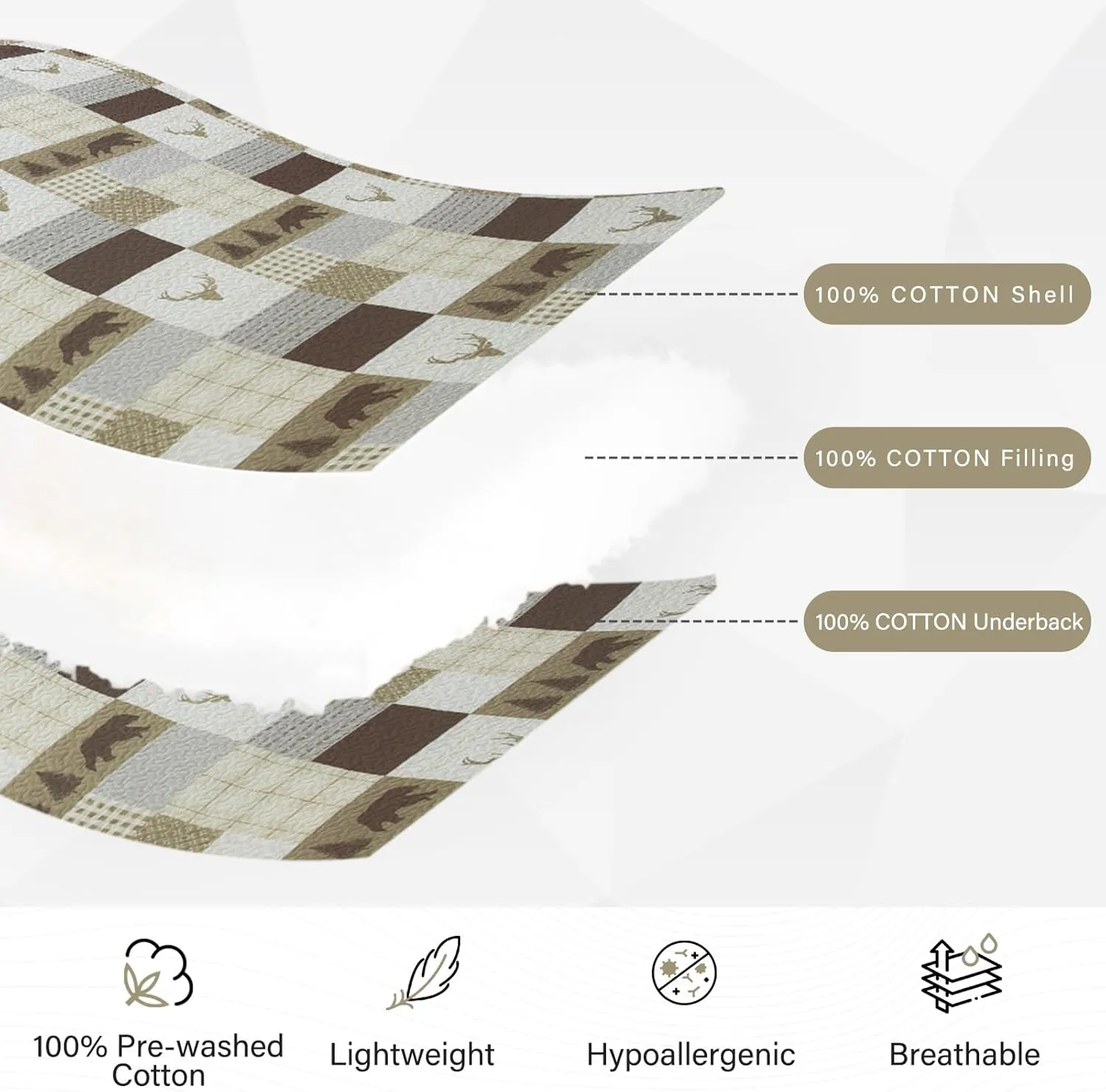 PERHOM Quilt Queen Size - 100% Cotton Lightweight Cabin Plaid Queen Quilt Bedding Set, Brown Forest Tree Bear Deer Patchwork Reversible Bedspread/Comforter Set with 2 Pillow Shams, 3PCS