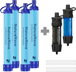 Personal Water Filter Straw Outdoor Portable Filtration (4pack) with Mini Water Filter Portable Emergency Water Filtration（black/blue, 2pack)
