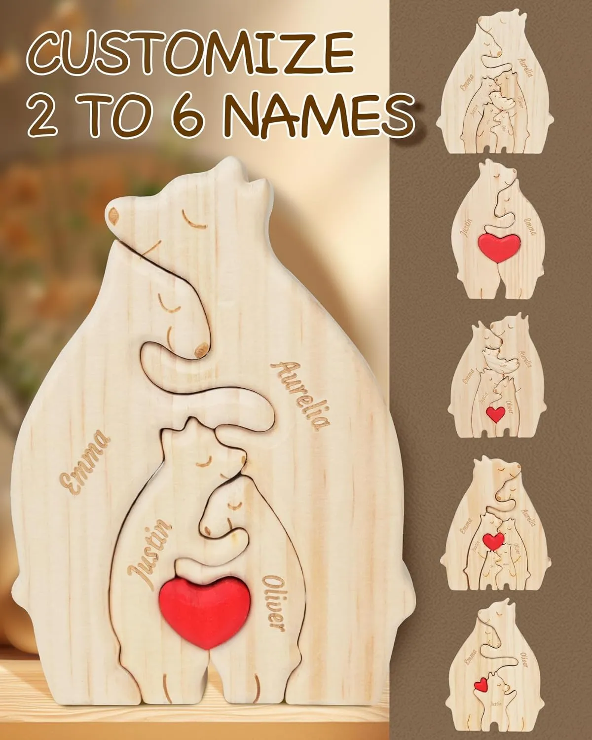 Personalized Wooden Bear Family Puzzle with 2-7 Names, Personalized Mothers Day Birthday Gifts for Mom, Grandma, Family Members, Custom Bear Name Puzzle Gifts for Home House Warming Decor