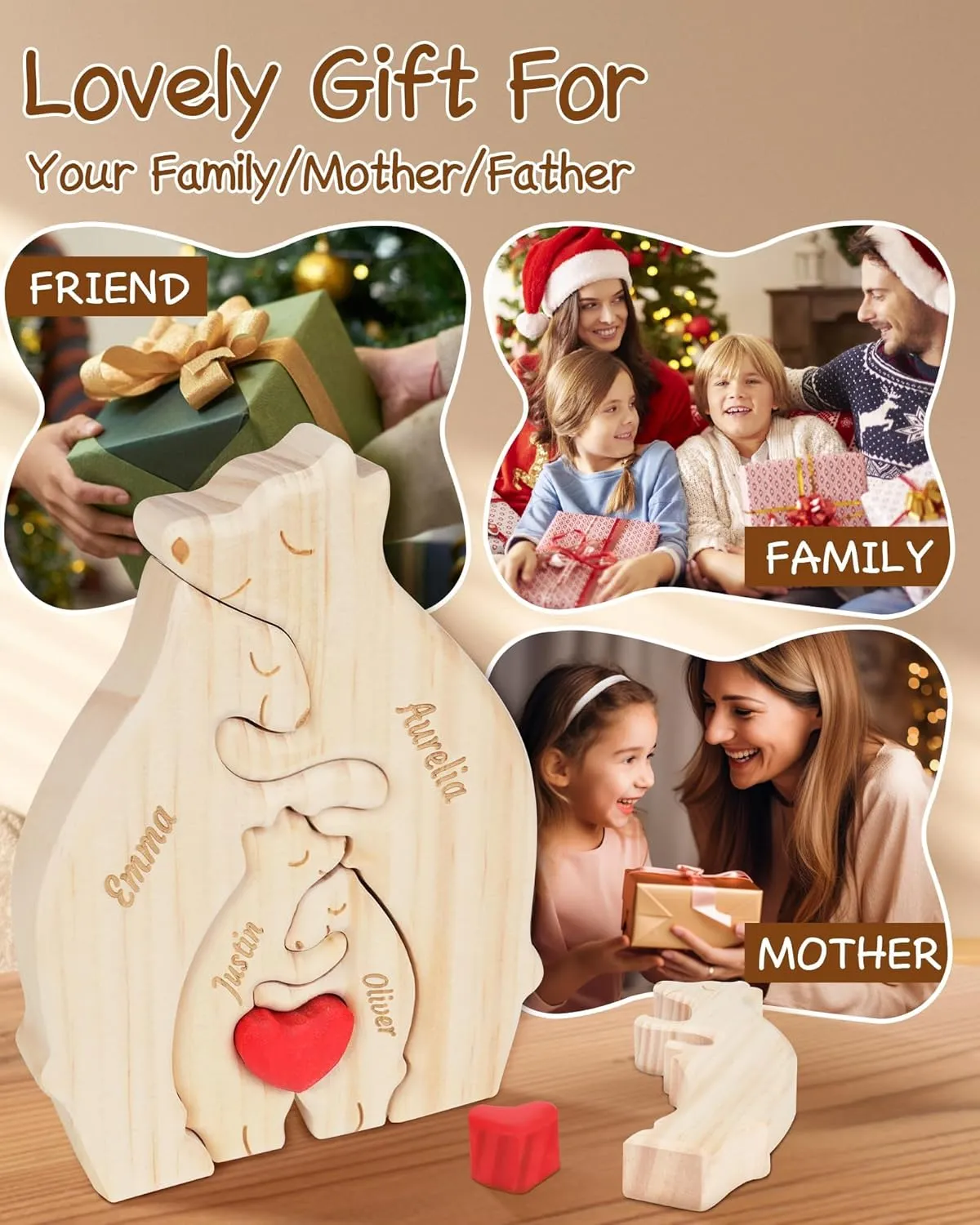 Personalized Wooden Bear Family Puzzle with 2-7 Names, Personalized Mothers Day Birthday Gifts for Mom, Grandma, Family Members, Custom Bear Name Puzzle Gifts for Home House Warming Decor