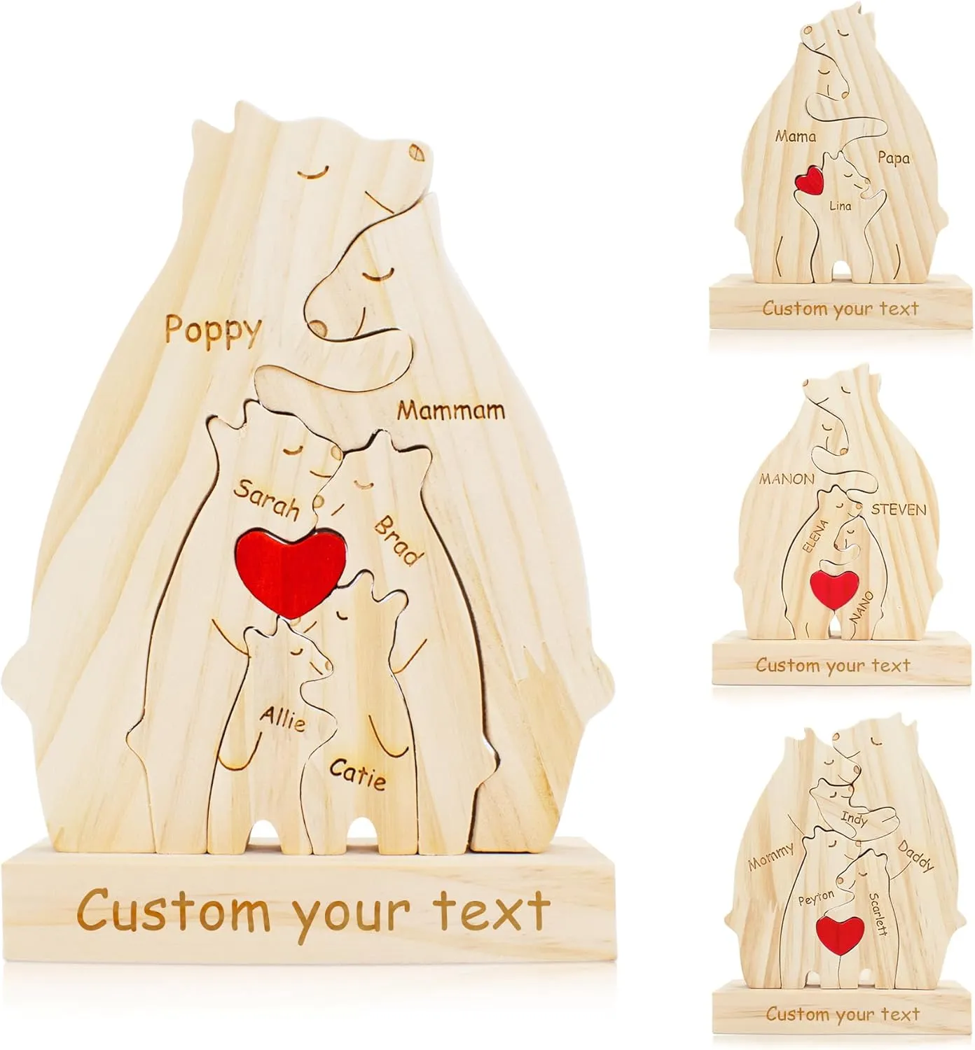 Personalized Wooden Bear Puzzle with 2-10 Family Name and Base,Custom Wooden Bear Decorative with Heart Loving for Christmas Family Bear Sculpture Wood Birthday Gifts