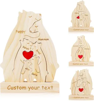 Personalized Wooden Bear Puzzle with 2-10 Family Name and Base,Custom Wooden Bear Decorative with Heart Loving for Christmas Family Bear Sculpture Wood Birthday Gifts