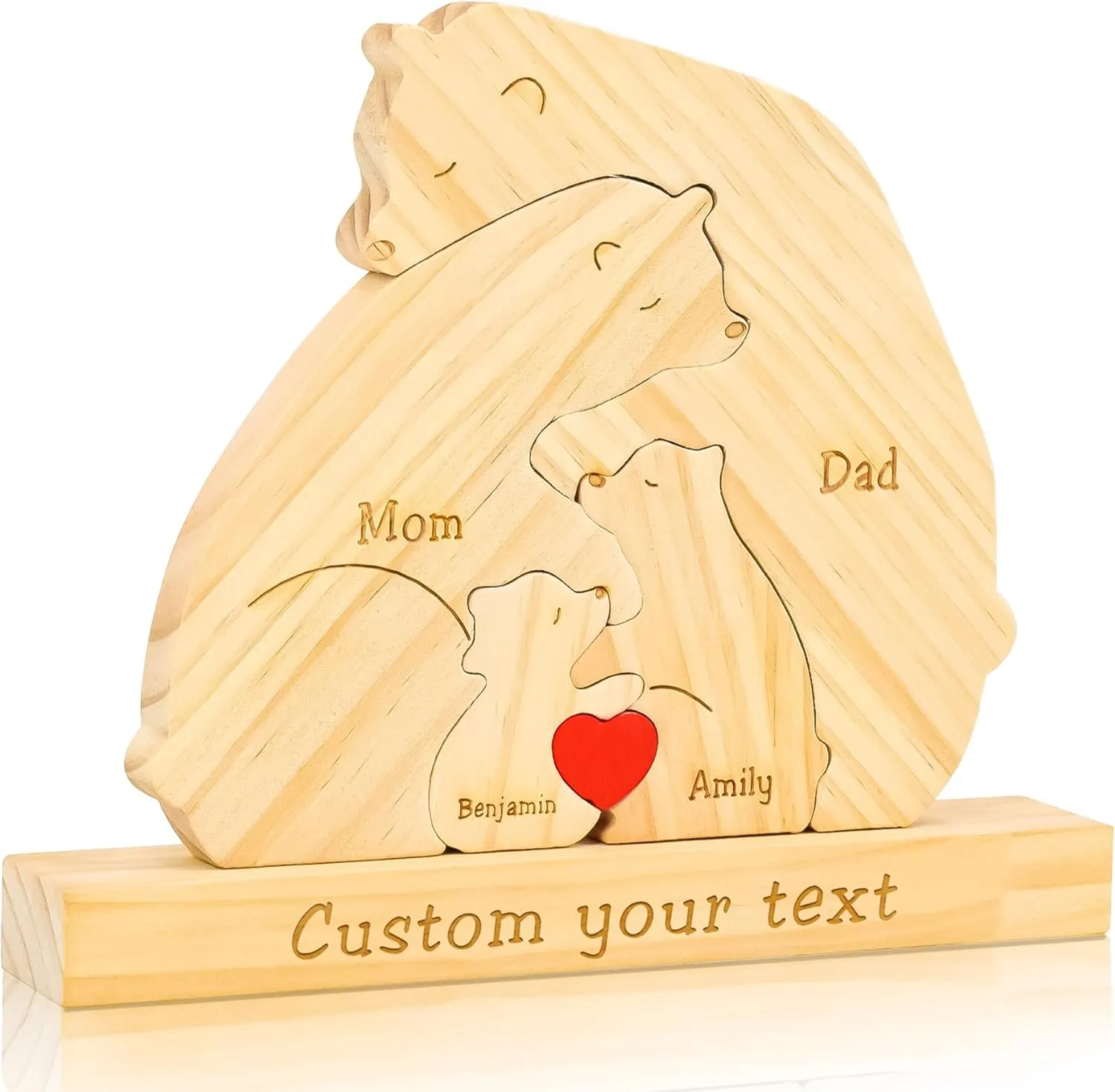 Personalized Wooden Bears Family Puzzle with 2-9 Names, Customized Mothers Day Birthday Gifts for Home Decor, Laser Engraving Custom Hugging Bear Name Sign for Mom, Dad, Grandma, Family Member
