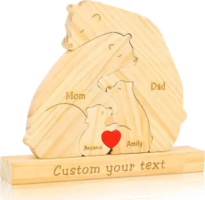 Personalized Wooden Bears Family Puzzle with 2-9 Names, Customized Mothers Day Birthday Gifts for Home Decor, Laser Engraving Custom Hugging Bear Name Sign for Mom, Dad, Grandma, Family Member
