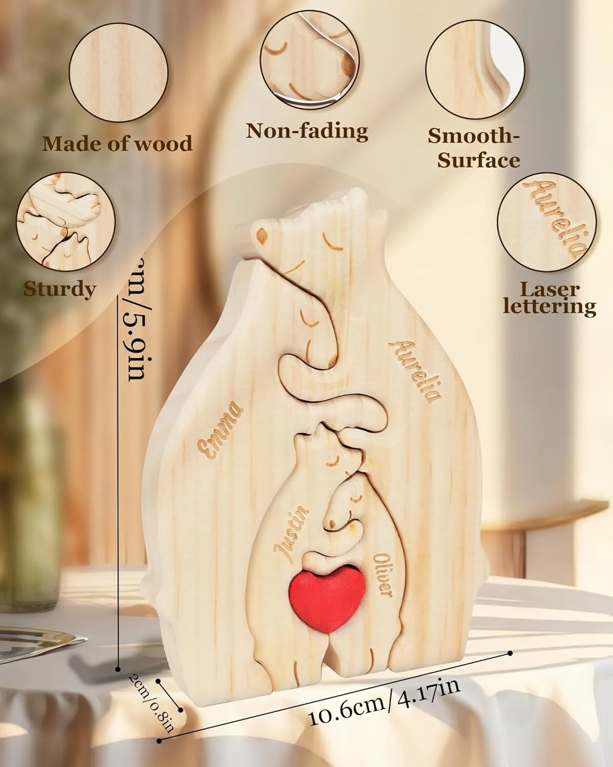 Personalized Wooden Hugging Bear Family Puzzle with 2-7 Names, Personalized Mothers Day Fathers Day Birthday Gifts for Mom, Dad, Family Members, Custom Bear Name Puzzle Gifts for Home Decor