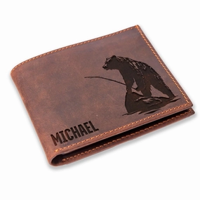 Personalized Bear Crazy Horse Leather Mens Wallet, Mens Wallet Bear, Country Wallets for Men, Custom Leather Wallets for Men, Bears Walet