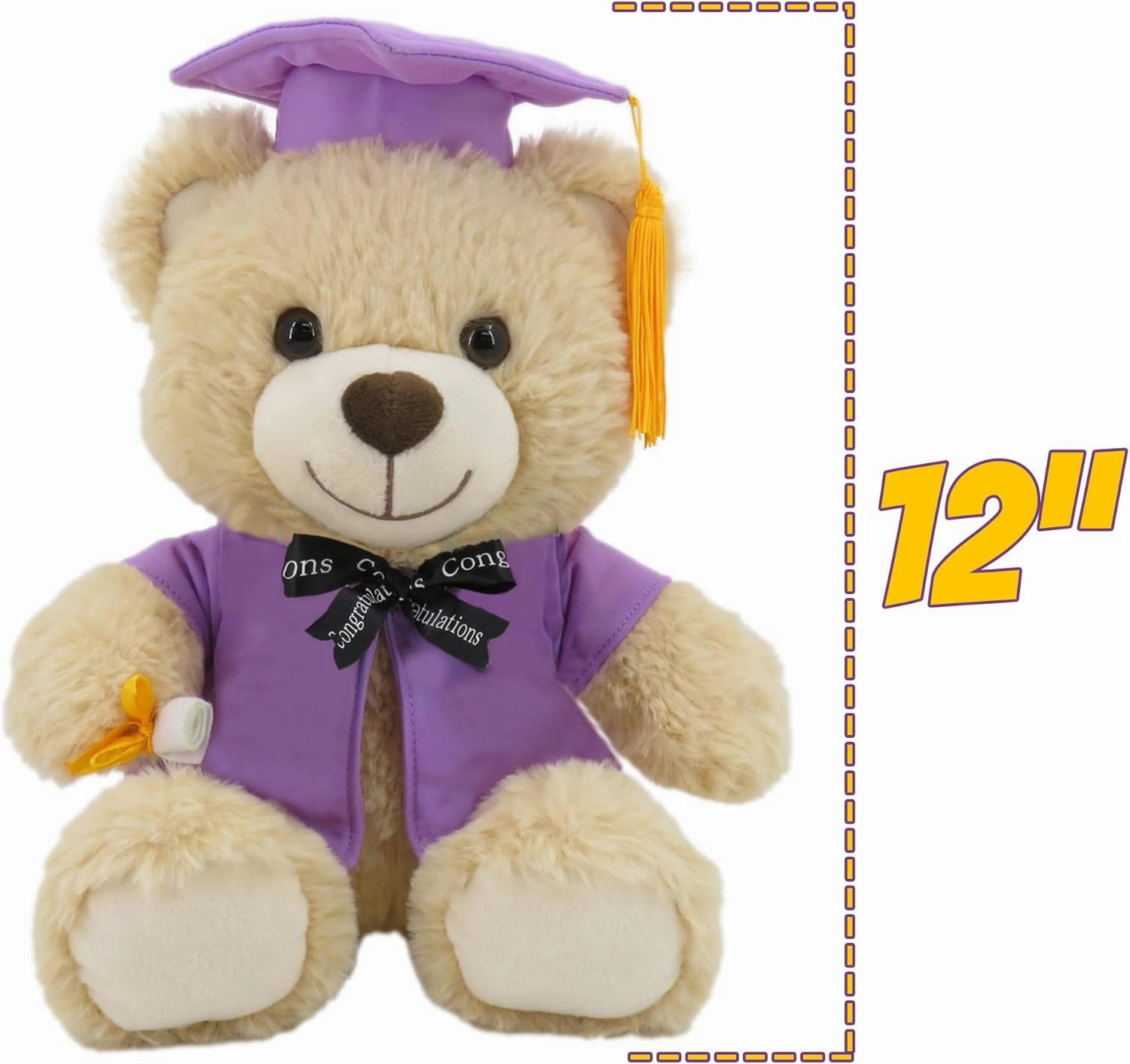 Personalized Graduation Teddy Bear Gift 2025 for Her Him, College, High School, 12 Inch - Cute Custom Beige Bear with Purple Gown Add Your Name and Year on The Feet