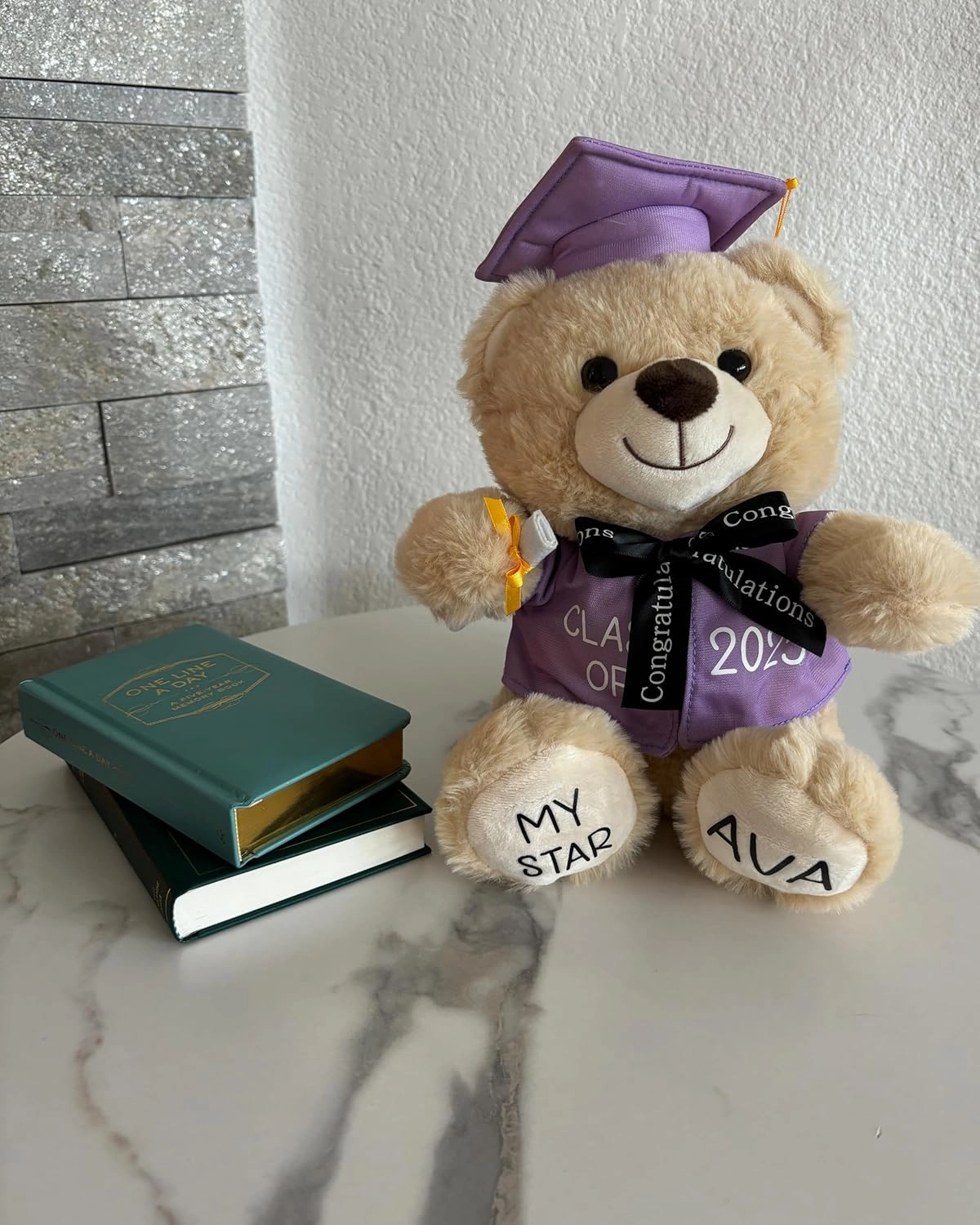 Personalized Graduation Teddy Bear Gift 2025 for Her Him, College, High School, 12 Inch - Cute Custom Beige Bear with Purple Gown Add Your Name and Year on The Feet