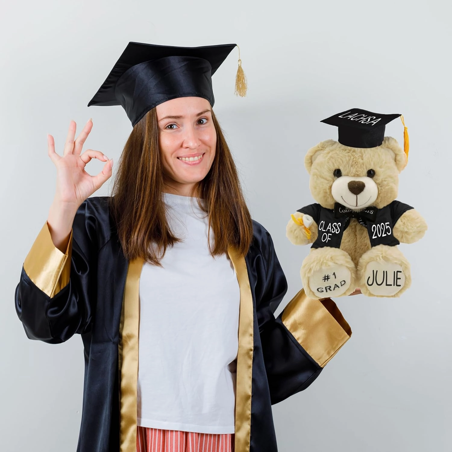 Personalized Graduation Teddy Bear Gift 2025 for Her Him, College, High School, 12 Inch - Cute Custom Beige Bear with Purple Gown Add Your Name and Year on The Feet