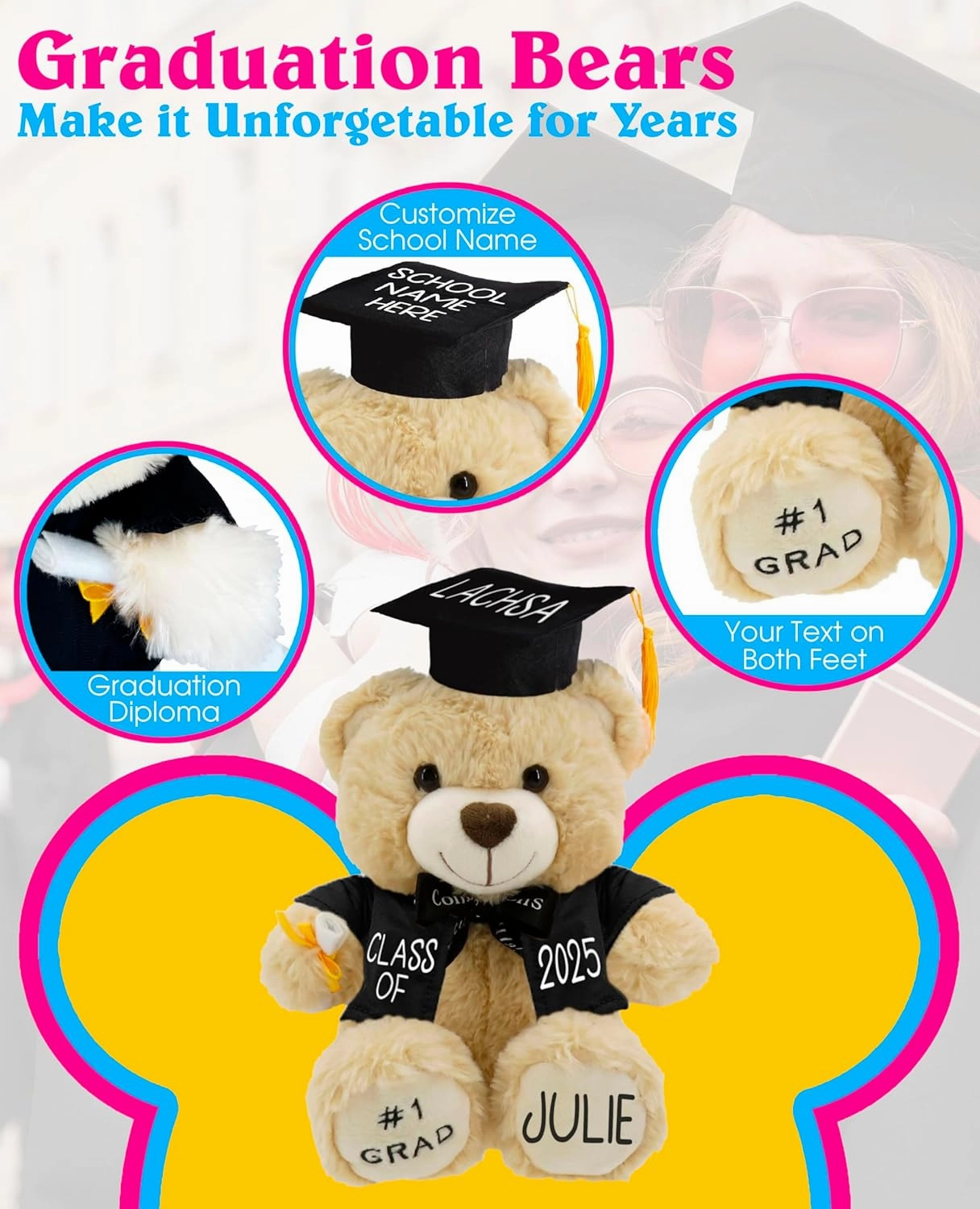 Personalized Graduation Teddy Bear Gift 2025 for Her Him, College, High School, 12 Inch - Cute Custom Beige Bear with Purple Gown Add Your Name and Year on The Feet