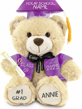 Personalized Graduation Teddy Bear Gift 2025 for Her Him, College, High School, 12 Inch - Cute Custom Beige Bear with Purple Gown Add Your Name and Year on The Feet