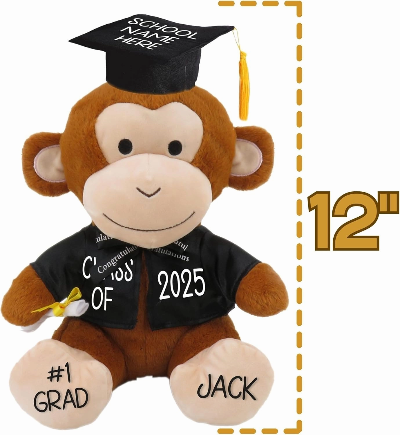 Personalized Graduation Teddy Bear Monkey Gift 2025 for Her, for Him, for High School, College, 10 Inch - Cute Custom Brown Monkey with Your Name and Year on The Feet