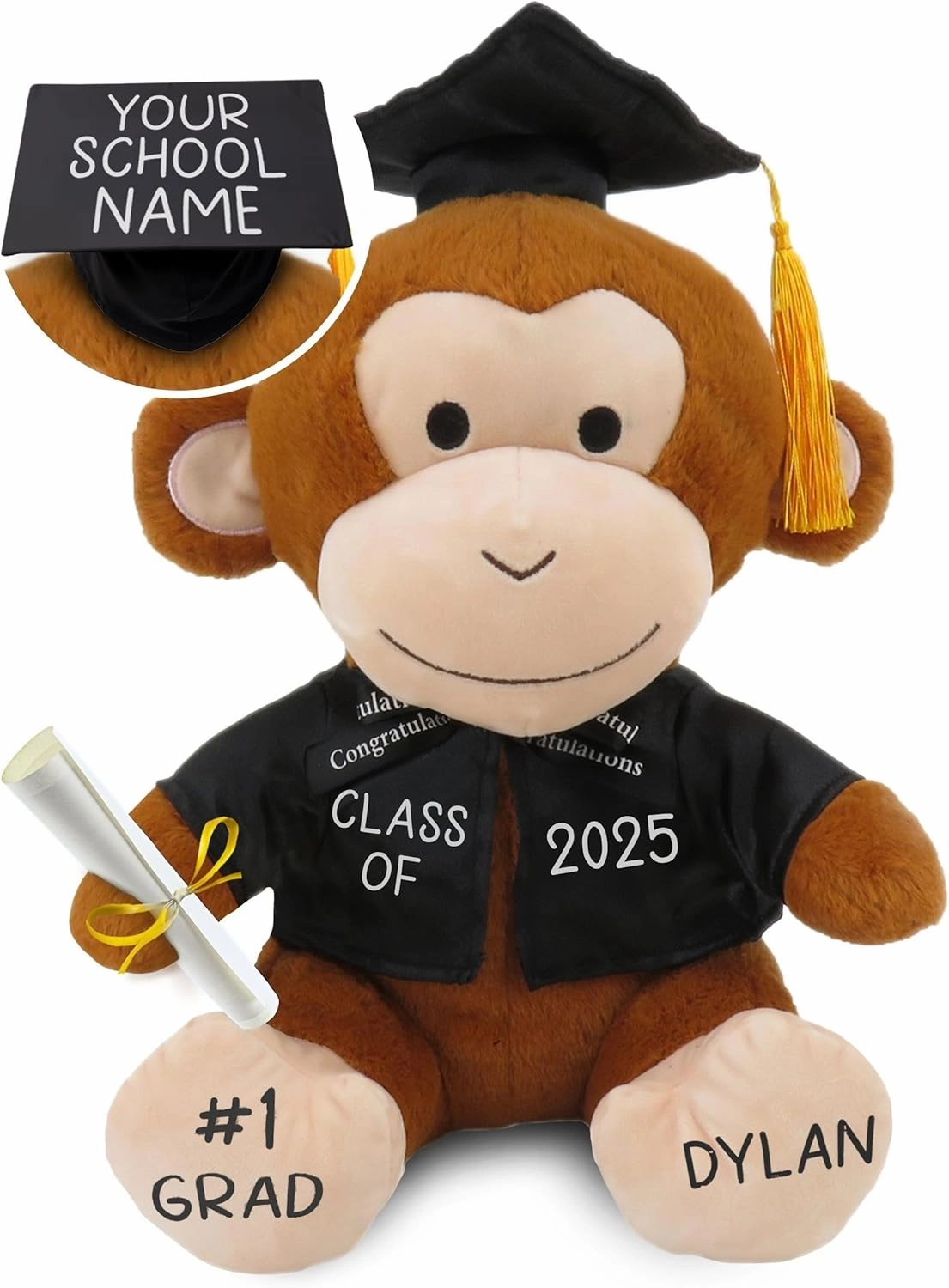 Personalized Graduation Teddy Bear Monkey Gift 2025 for Her, for Him, for High School, College, 10 Inch - Cute Custom Brown Monkey with Your Name and Year on The Feet
