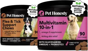 Pet Honesty Flea and Tick Prevention & Multivitamin Bundle: Natural Flea Chews & Dog Vitamins with Glucosamine for Skin and Coat (Bacon & Peanut Butter 90 ct)